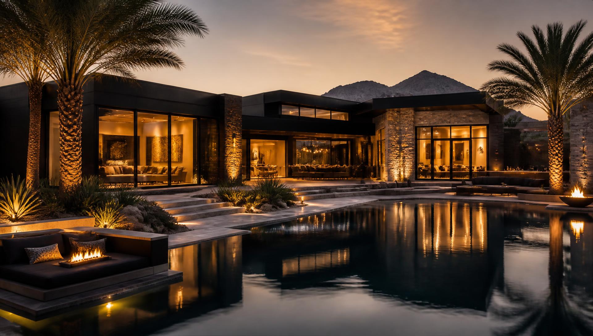 Las Vegas vacation home with a lit pool at dusk